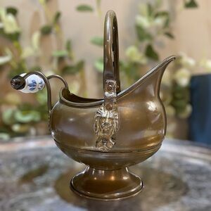 Vintage Brass Lions Head Scuttle Bucket Blue White Delft Porcelain Handle